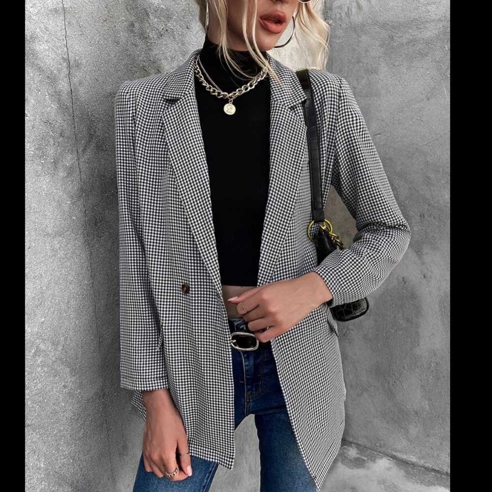 Lapel Neck Gingham Print Button Down Blazer